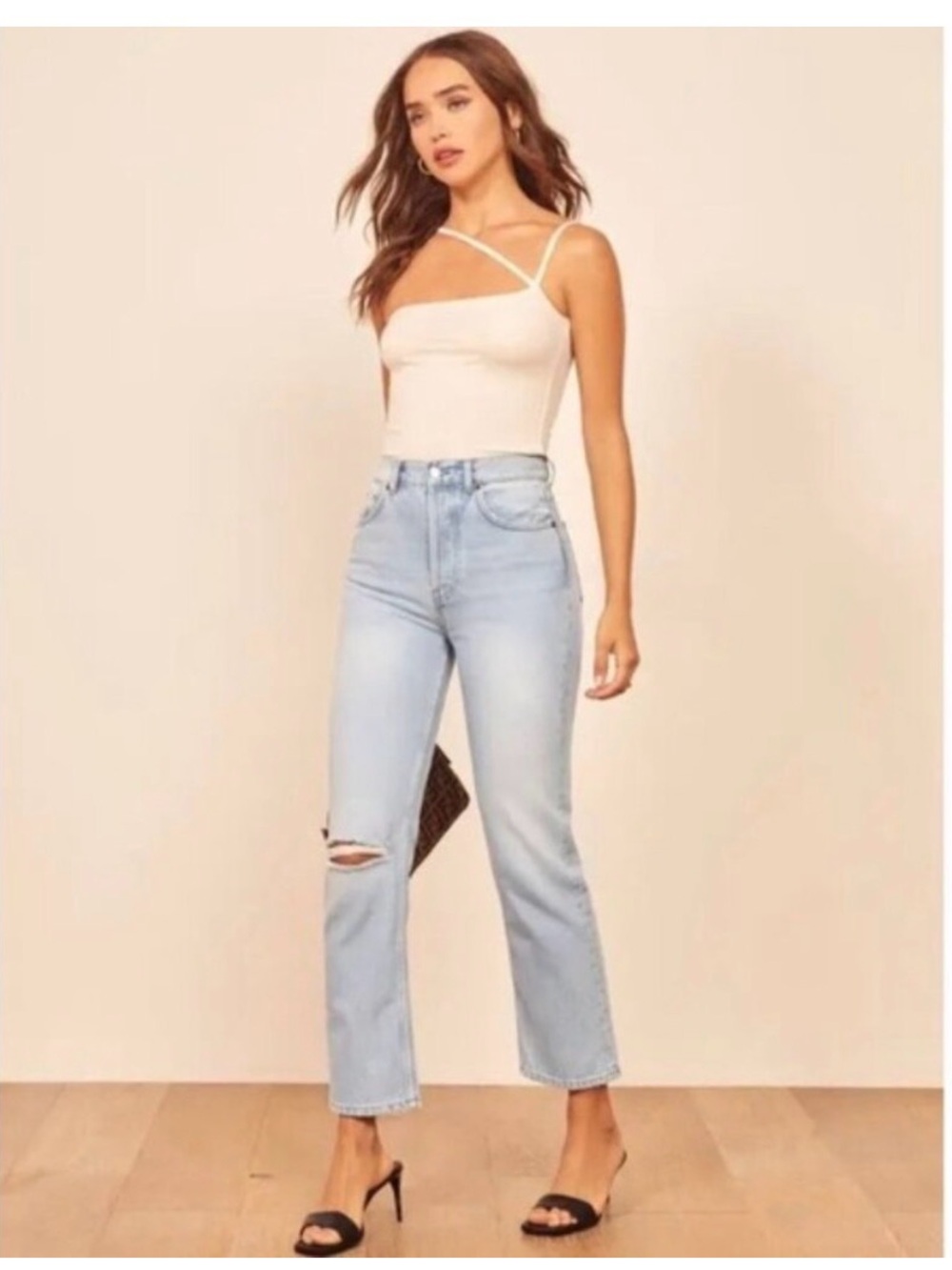 Reformation Tahoe Destroyed Straight-Leg Jeans with Knee Distress